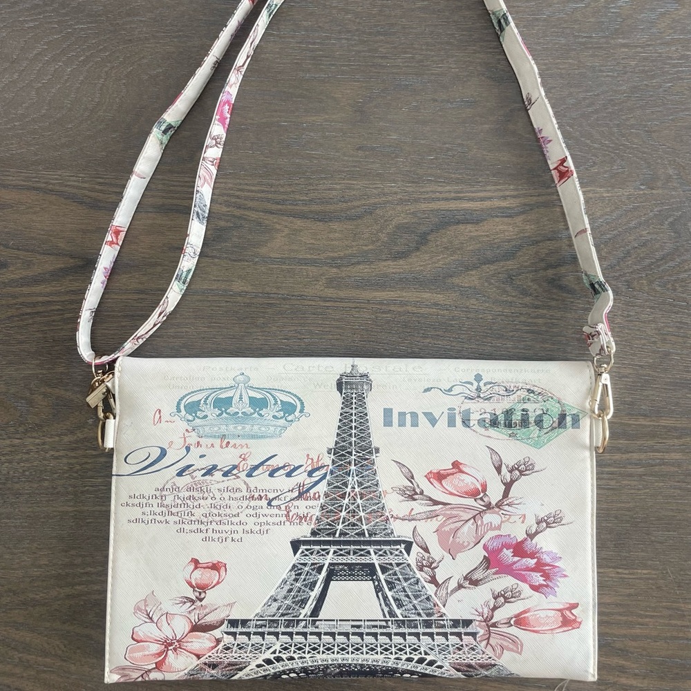 Vintage Style Eiffel Tower Postage Print Clutch